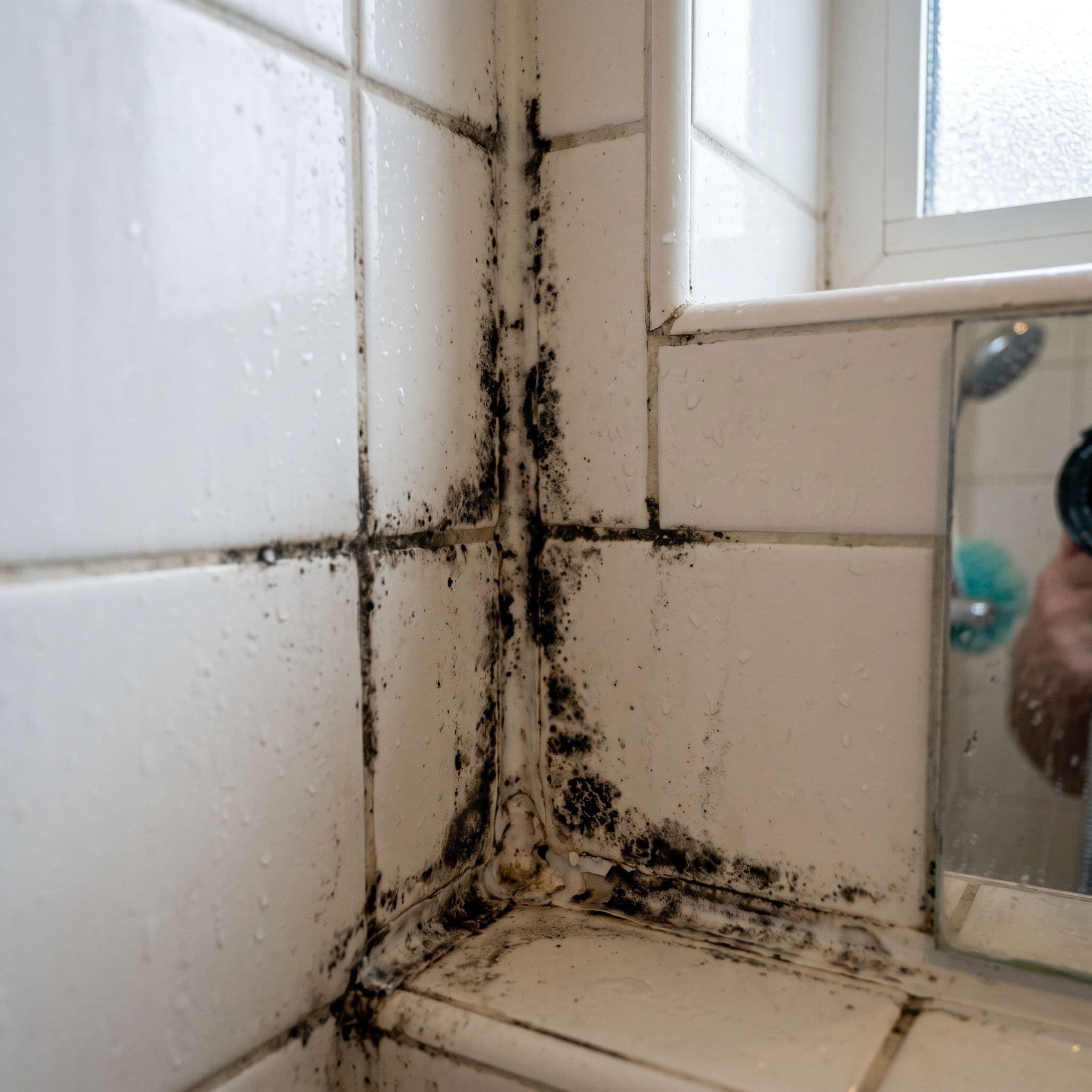 Moho negro extenso en silicona y rejuntado de la ducha mostrando crecimiento biológico en juntas