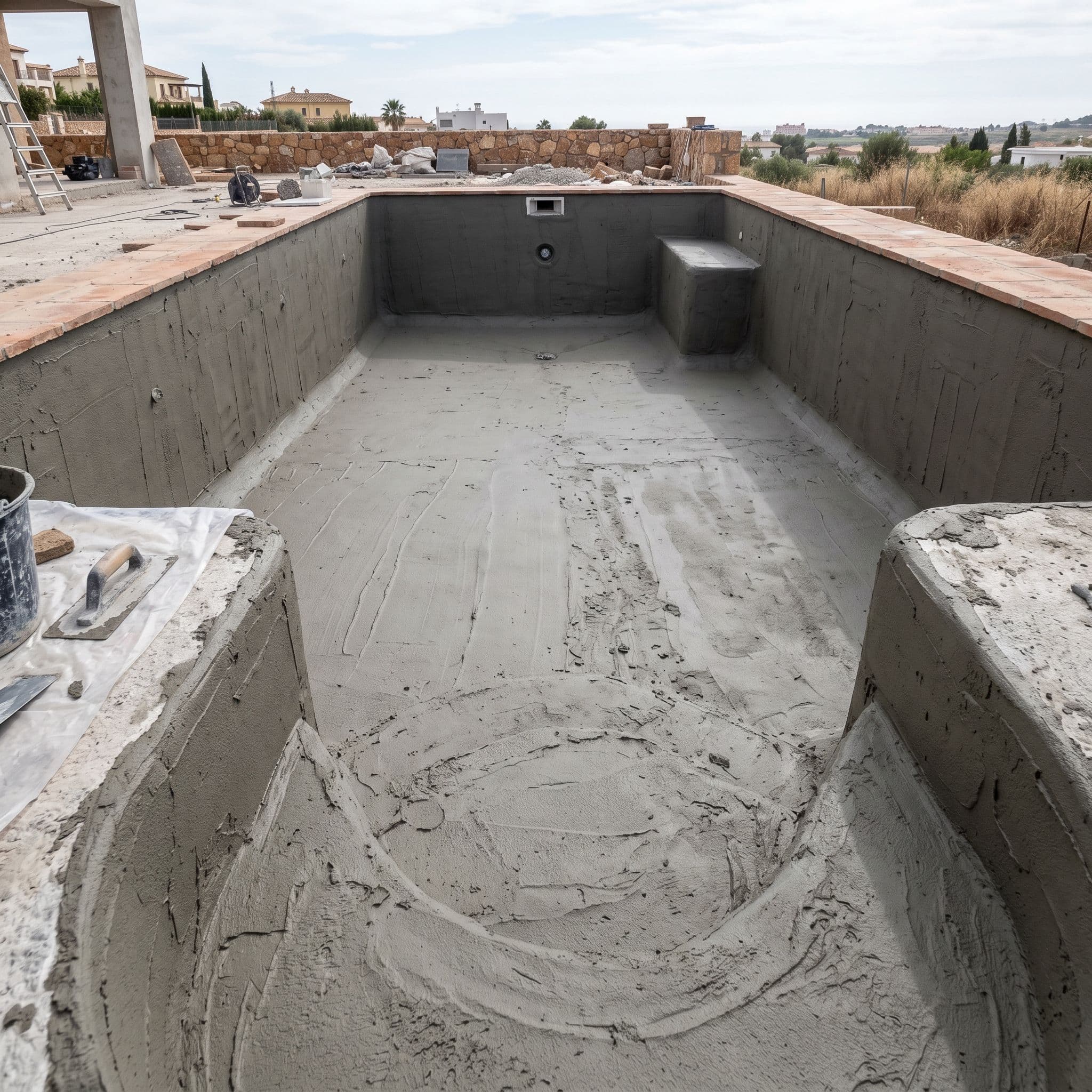 Mortero impermeabilizante flexible bicomponente aplicado en el vaso de una piscina vacía antes de colocar el gresite