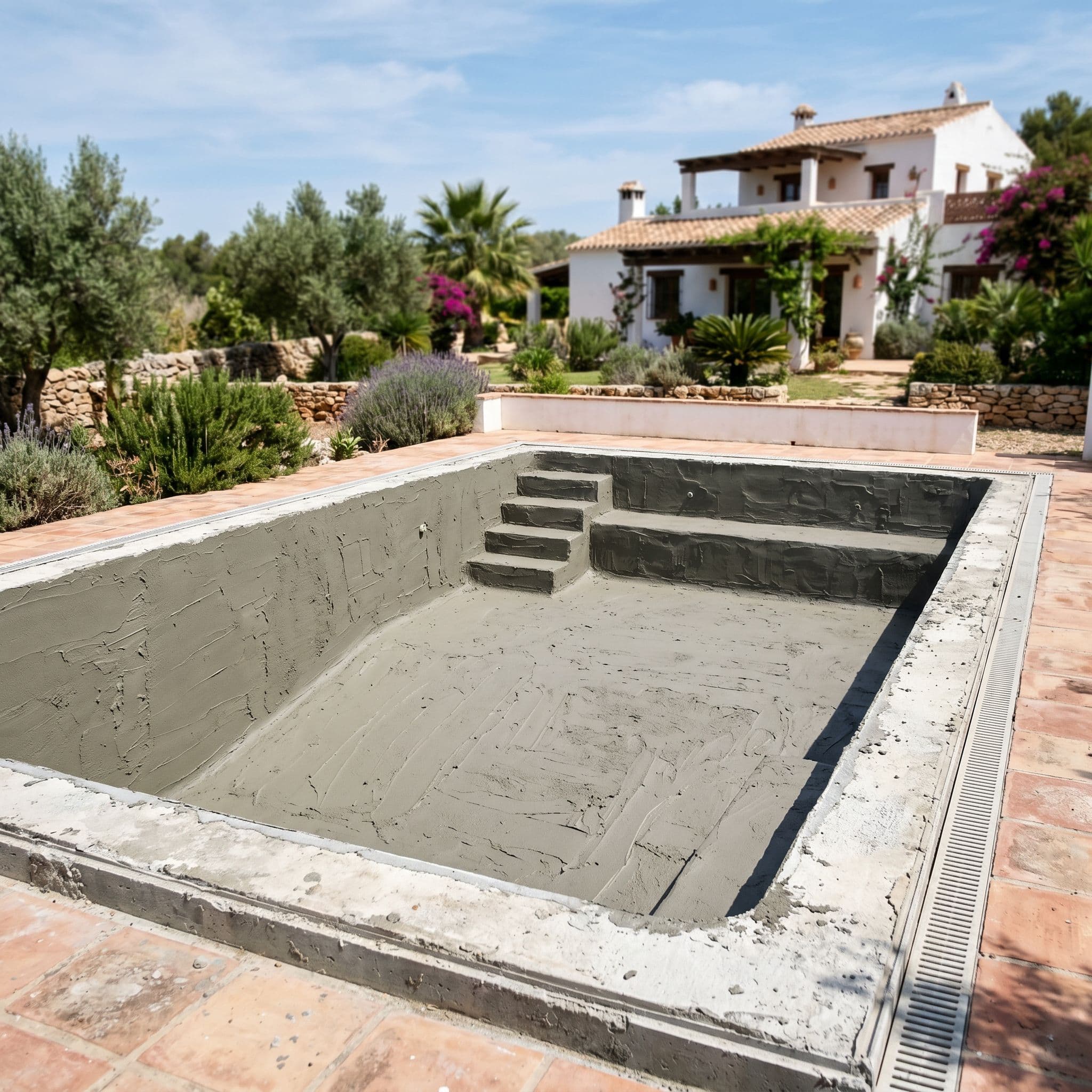 Mortero impermeabilizante flexible aplicado en el vaso de una piscina de hormigón vacía antes de colocar el gresite