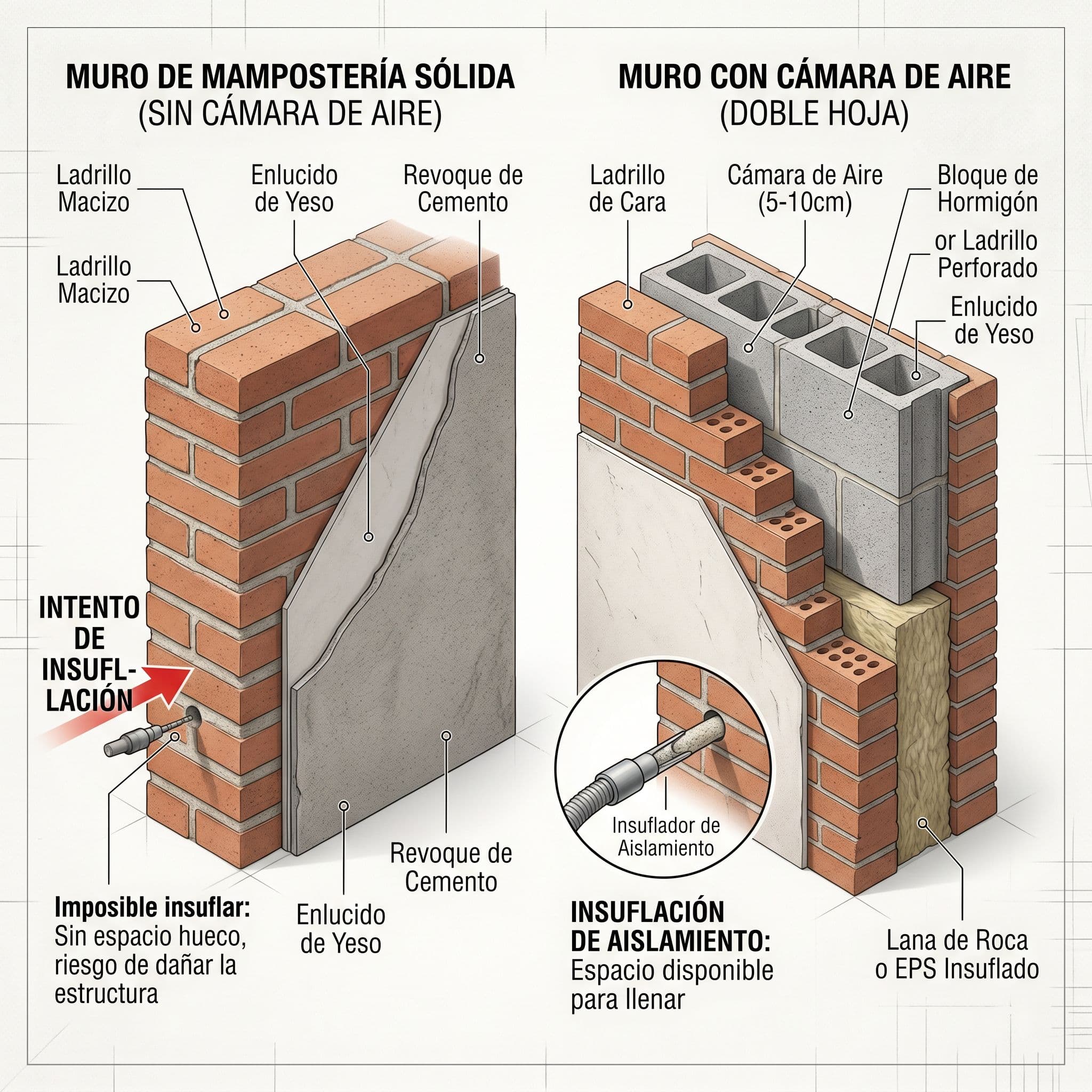 Comparación entre un muro macizo sin cámara y un muro con cámara de aire que explica por qué el insuflado solo es viable en el segundo