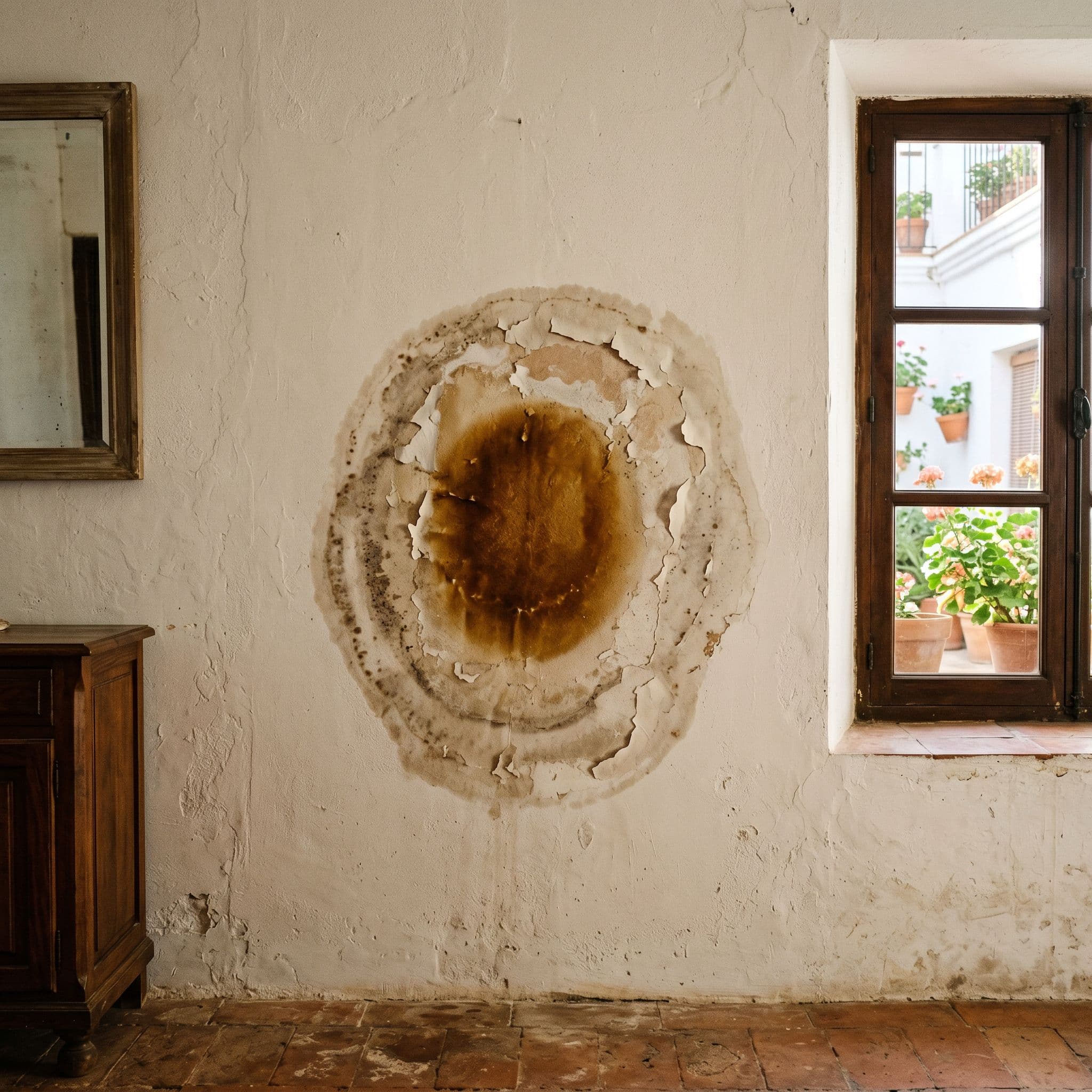 Patrón de filtración lateral o fuga interna con mancha localizada en zona media de pared