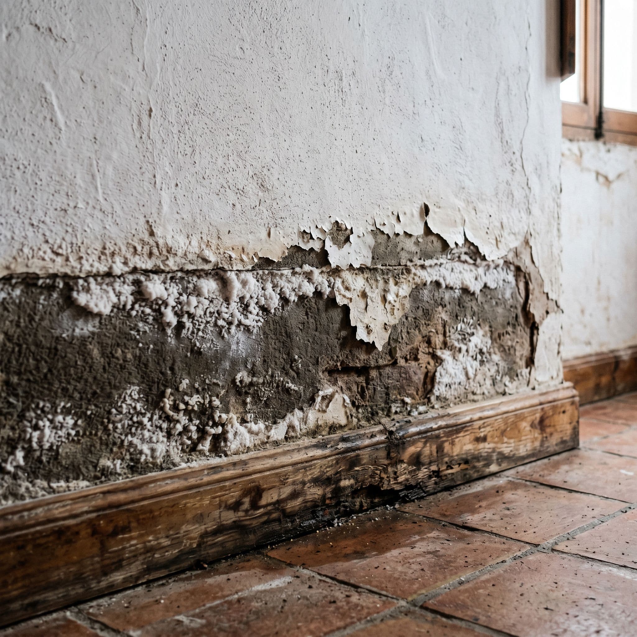 Patrón clásico de humedad por capilaridad con línea ascendente y eflorescencias en pared interior