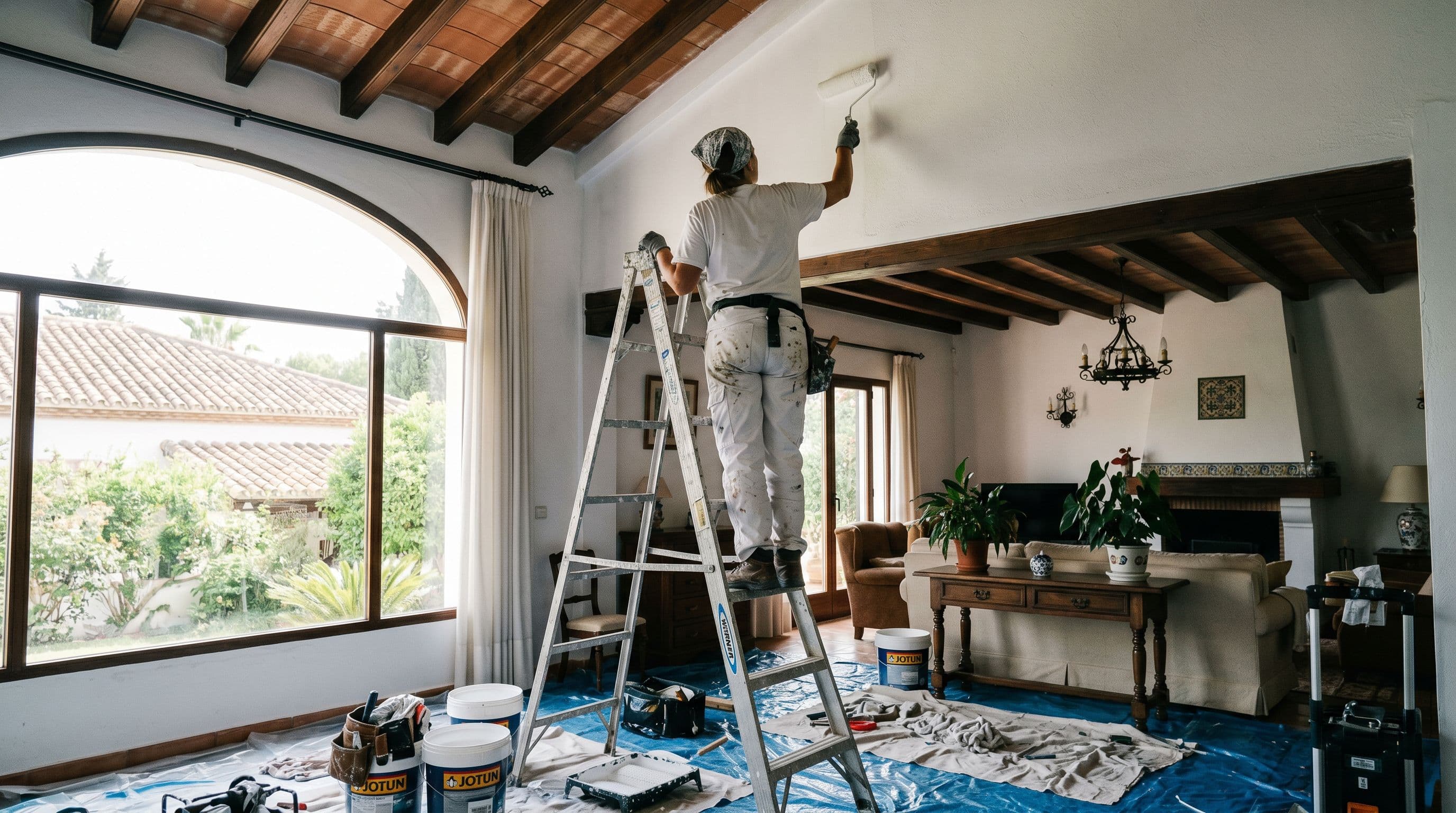 Pintor profesional sobre escalera estable aplicando pintura techo alto salón doble altura vivienda unifamiliar española repintado integral