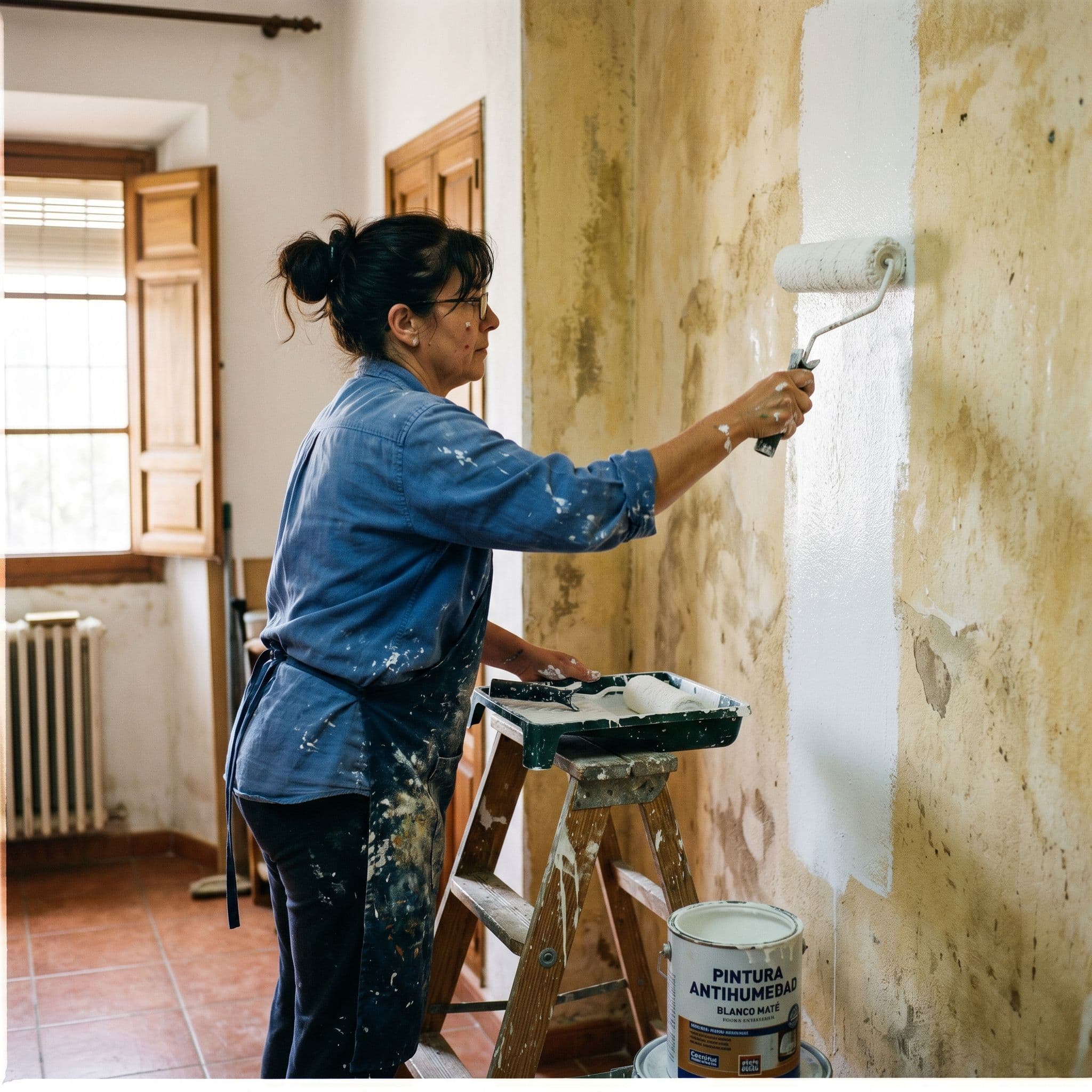 Aplicación de pintura acrílica antihumedad blanca estándar con rodillo en pared interior