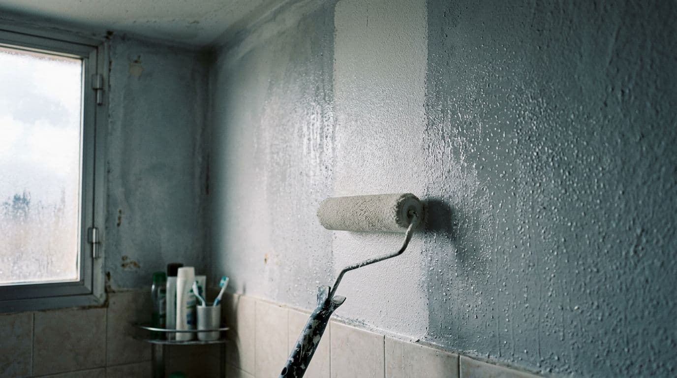 Aplicación de pintura anticondensación con rodillo sobre una pared fría con condensación