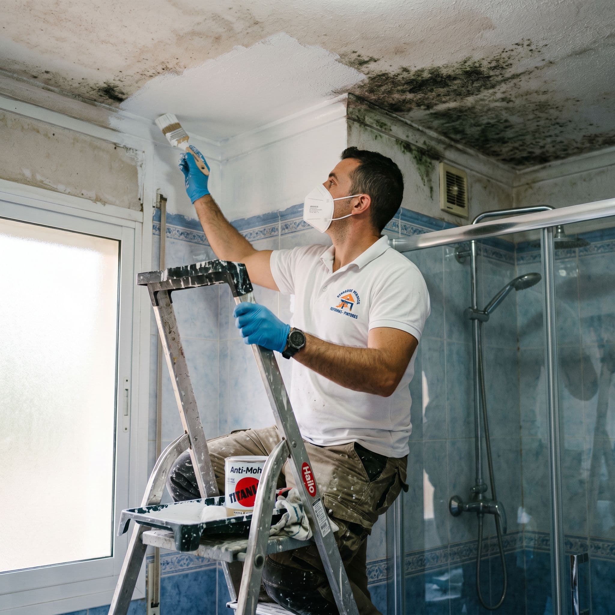 plicación de pintura antimoho con biocidas en esquina de baño previamente afectada