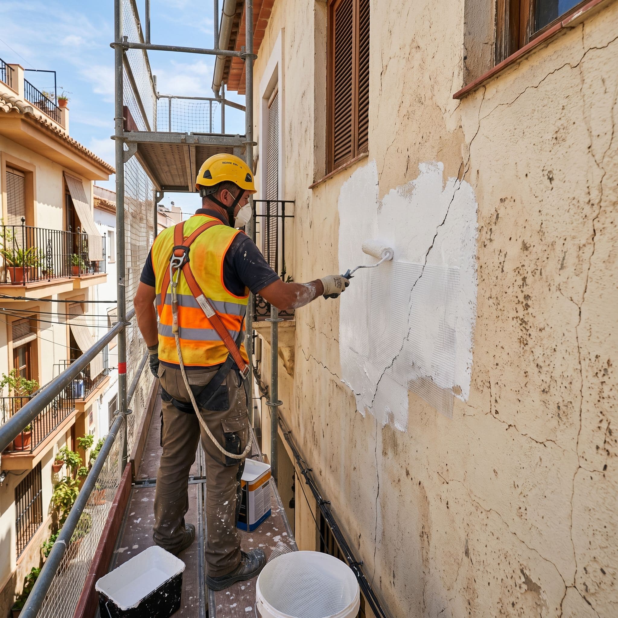Aplicación de pintura elastomérica con malla en fachada exterior con micro-fisuras