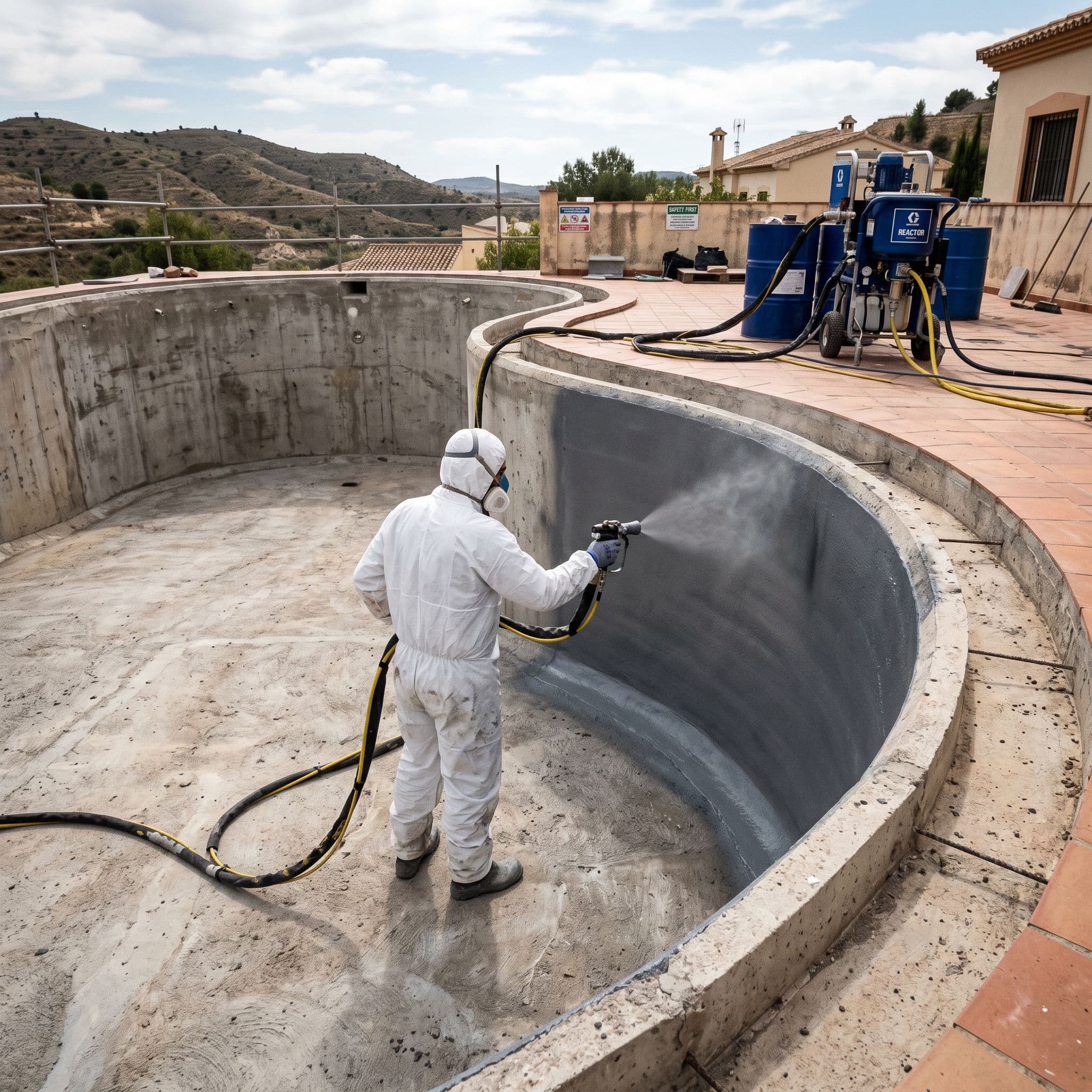 Membrana de poliurea proyectada en caliente formando una capa continua sin juntas en el vaso de una piscina