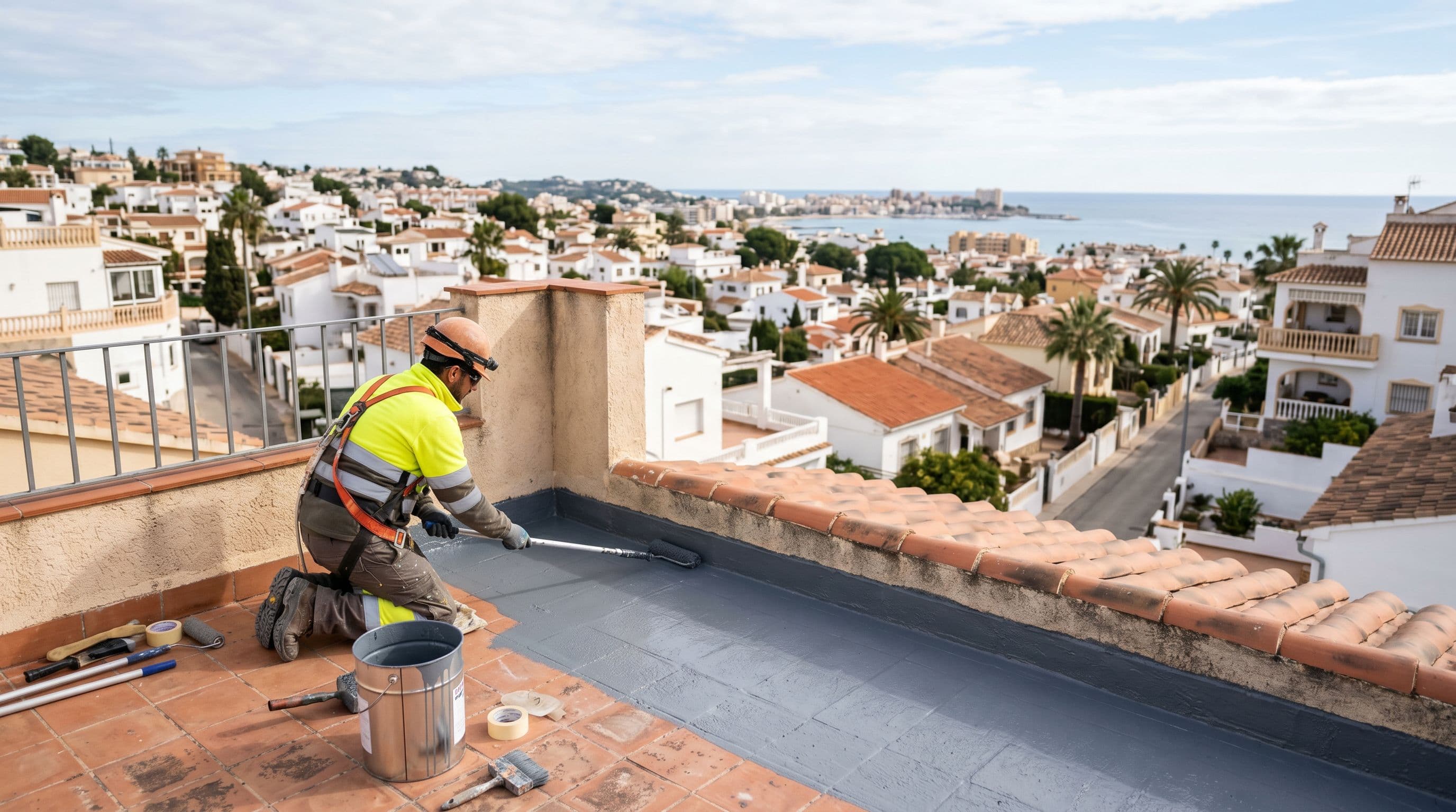 Aplicación profesional de impermeabilización en cubierta de vivienda residencial española