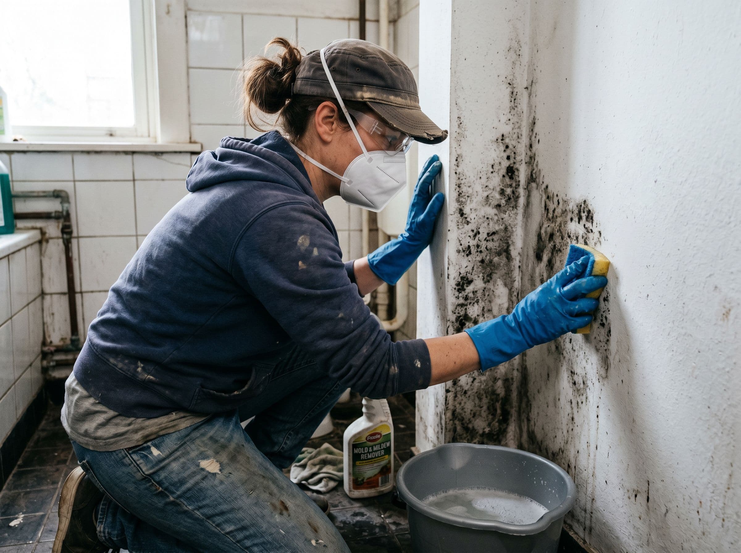 propietaria con mascarilla limpiando moho en las paredes