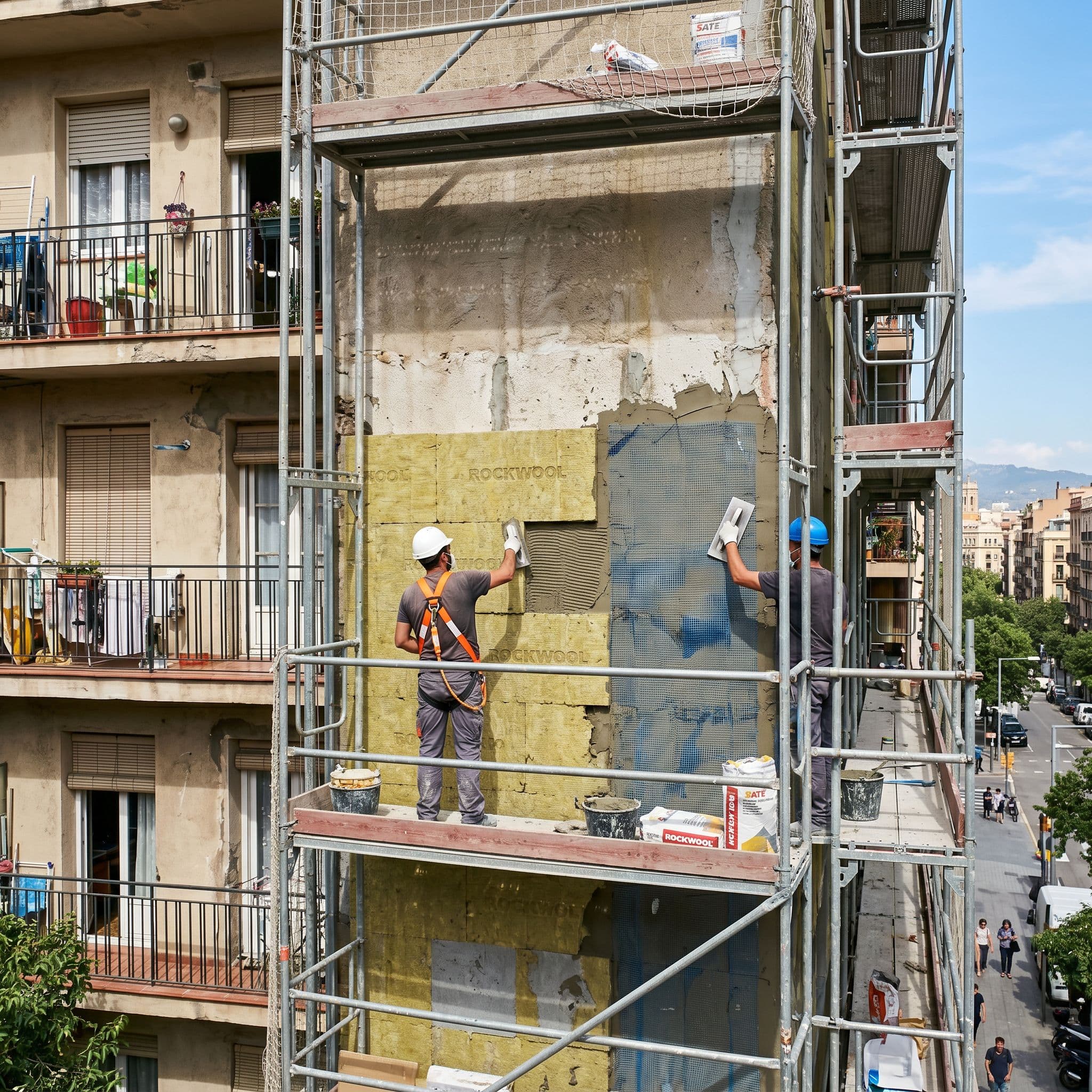 Rehabilitación energética integral de la fachada de un edificio con sistema SATE de lana de roca y mortero armado