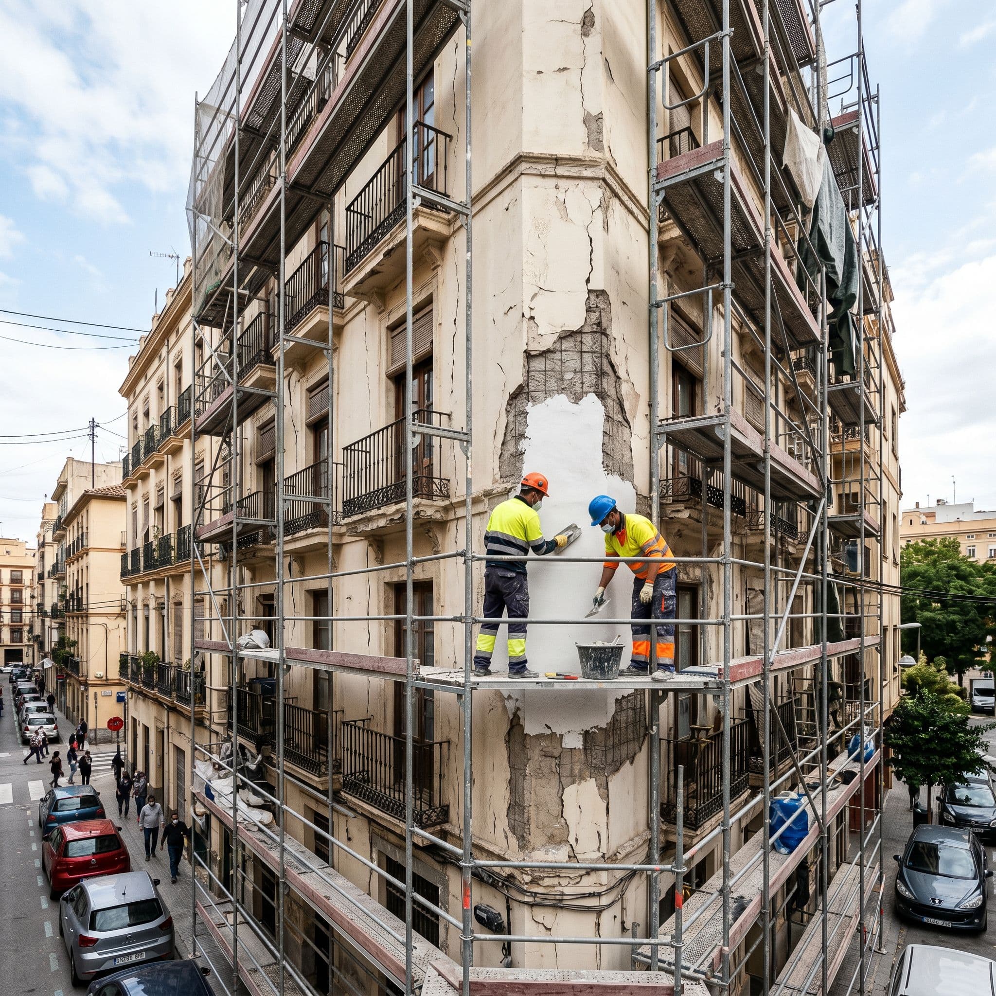 Rehabilitación estructural de la fachada de un edificio comunitario con reparación de grietas y reposición parcial del revestimiento