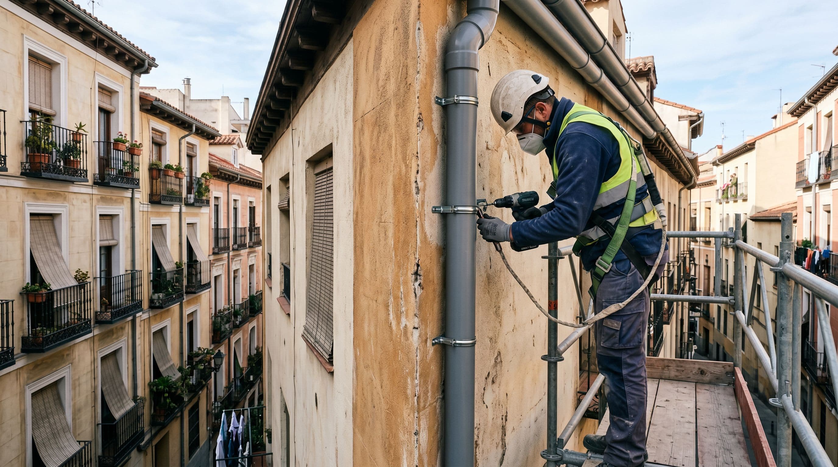 Reparación de una bajante vertical de PVC en la fachada de un edificio desde un andamio