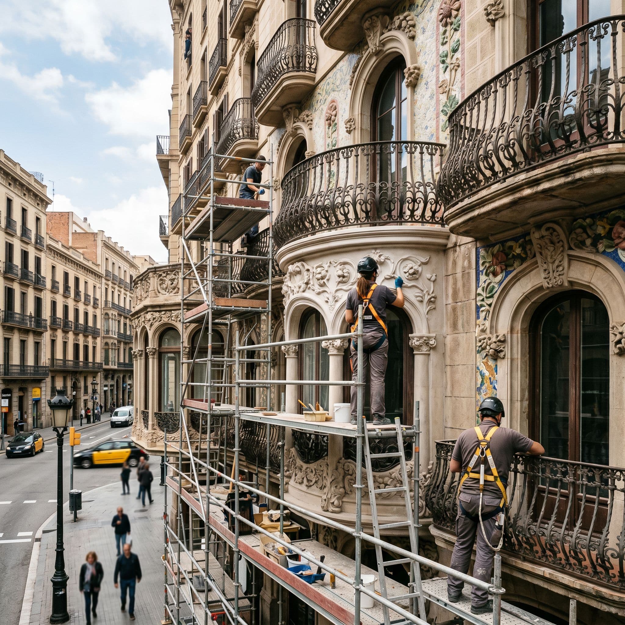 Restauración patrimonial de la fachada de un edificio modernista catalogado con elementos ornamentales y balcones de hierro forjado