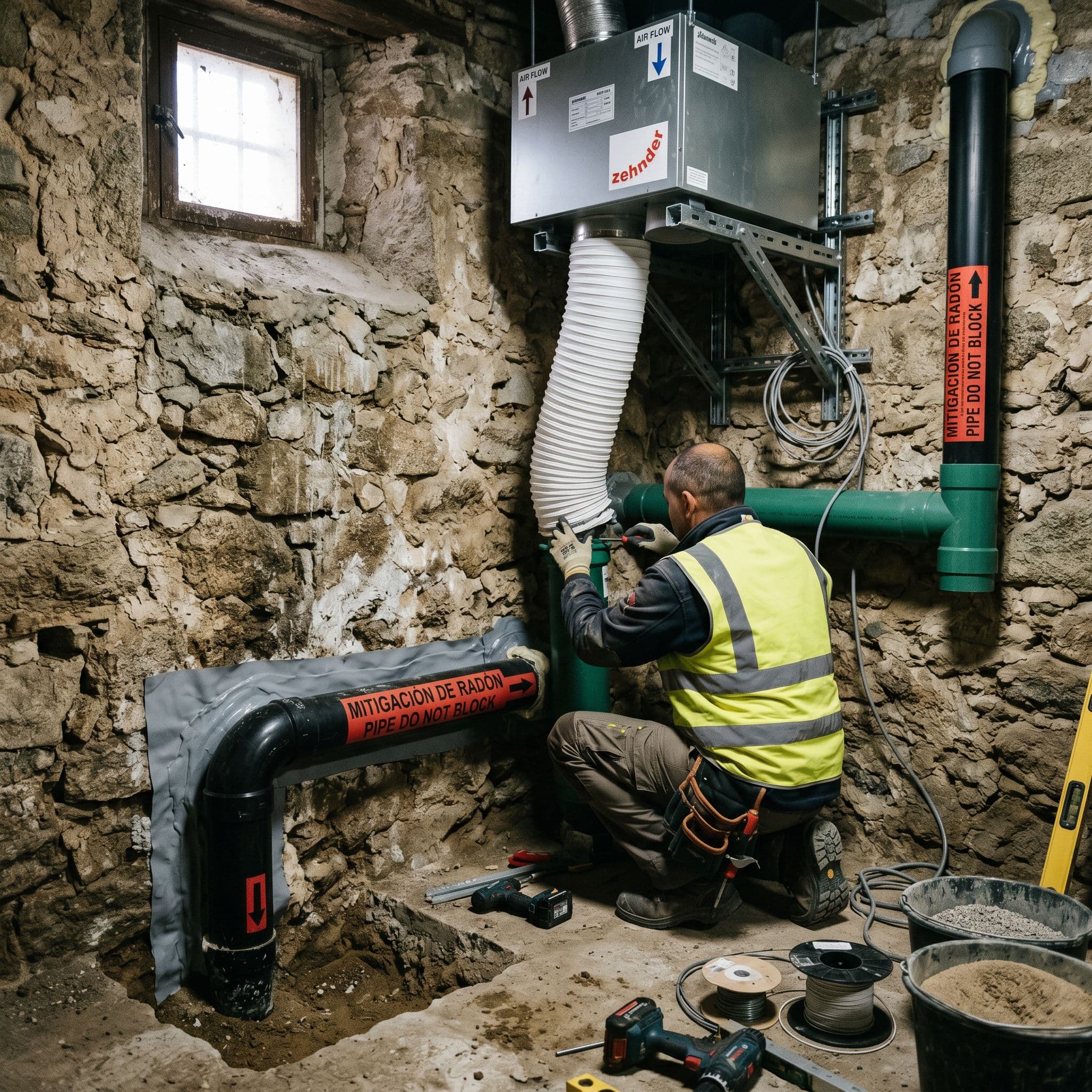 Instalación combinada de despresurización y ventilación forzada para eliminar el gas radón en una casa de piedra