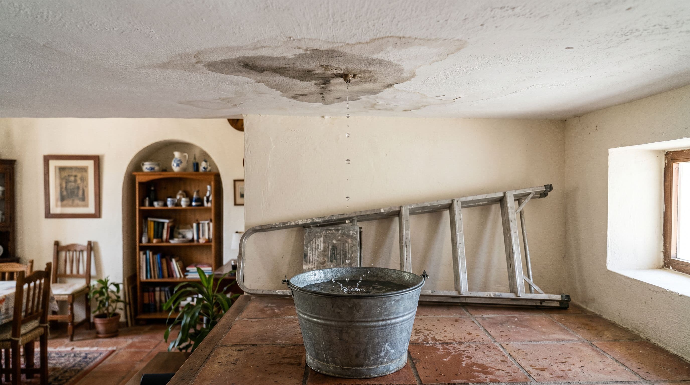 Techo interior con gotera activa y cubo recogiendo el agua que cae durante la fase de localización