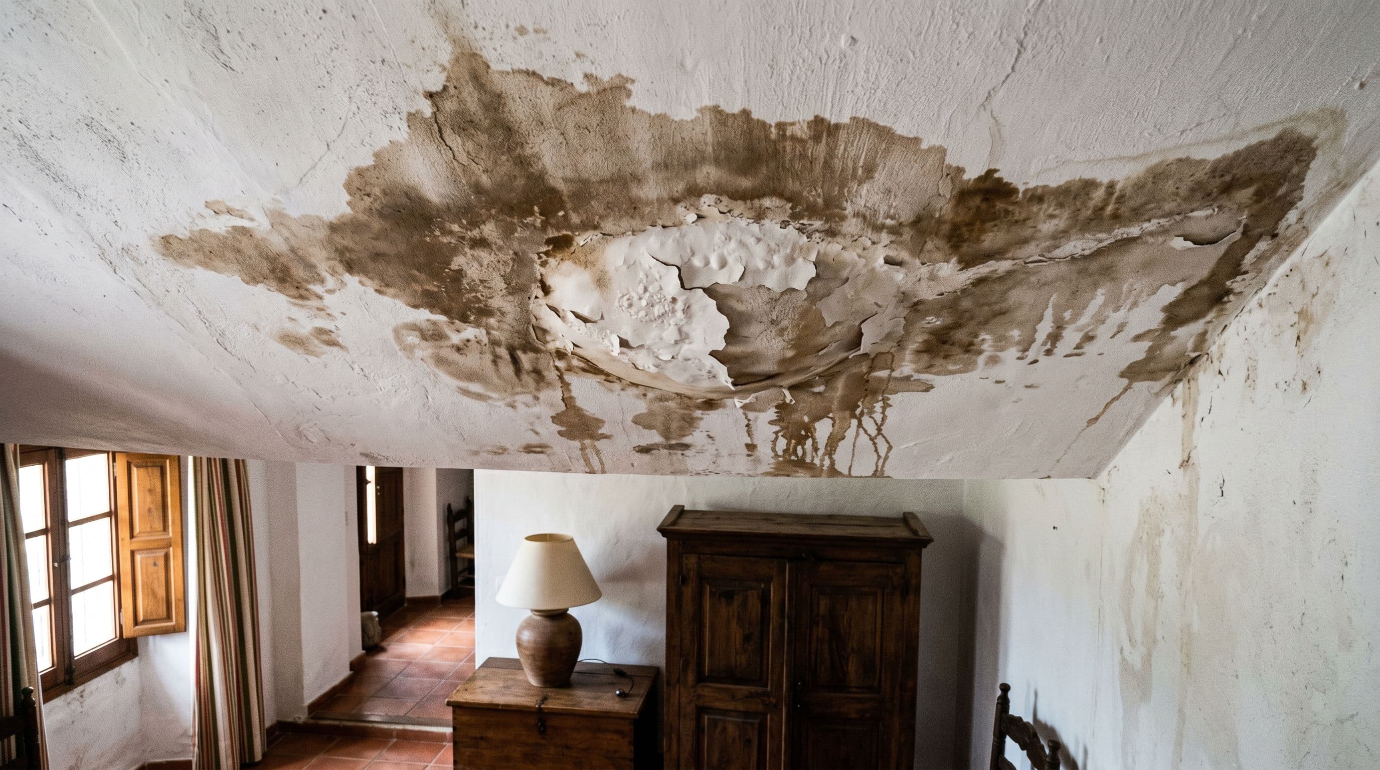 Techo interior con mancha de humedad oscura y pintura abombada por filtración desde la planta superior