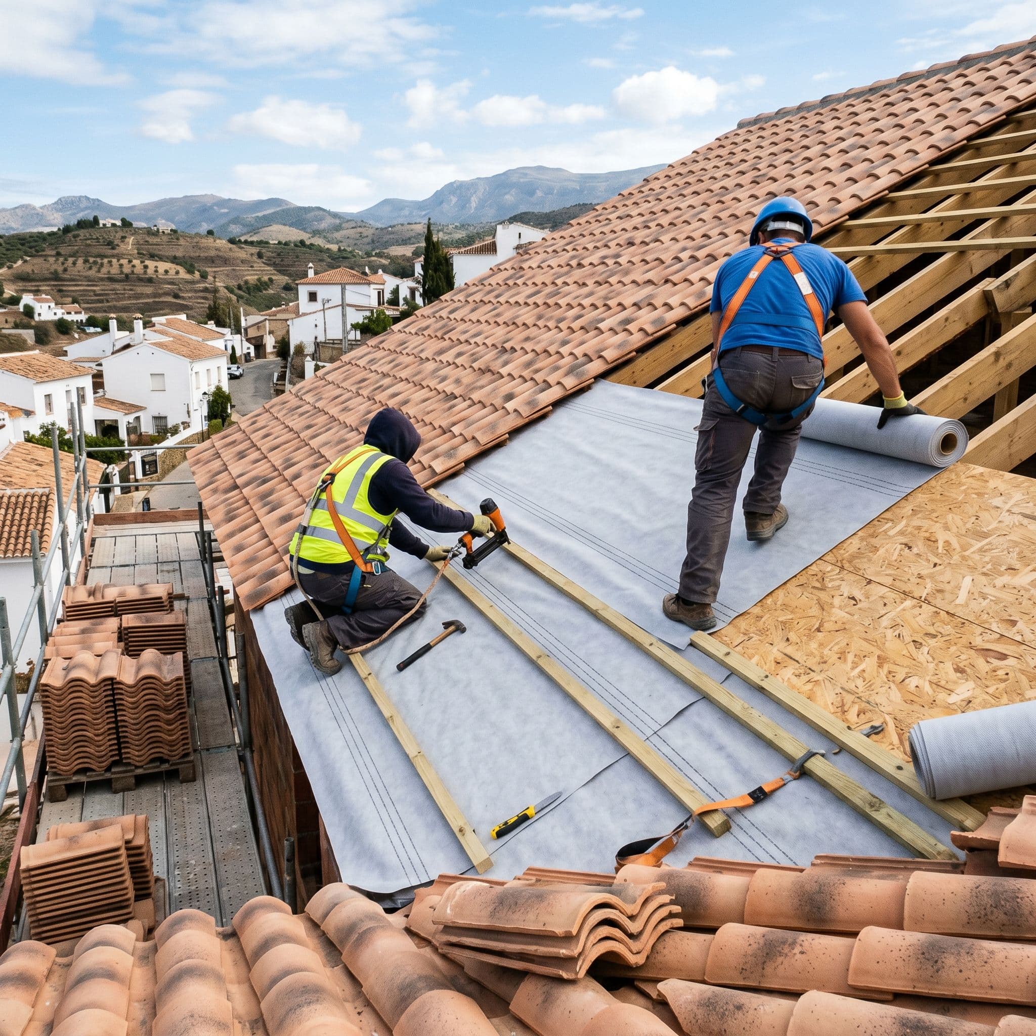 Instalación de lámina transpirable bajo teja sobre el tablero de un tejado inclinado, con rastreles y tejas acopiadas para su recolocación.