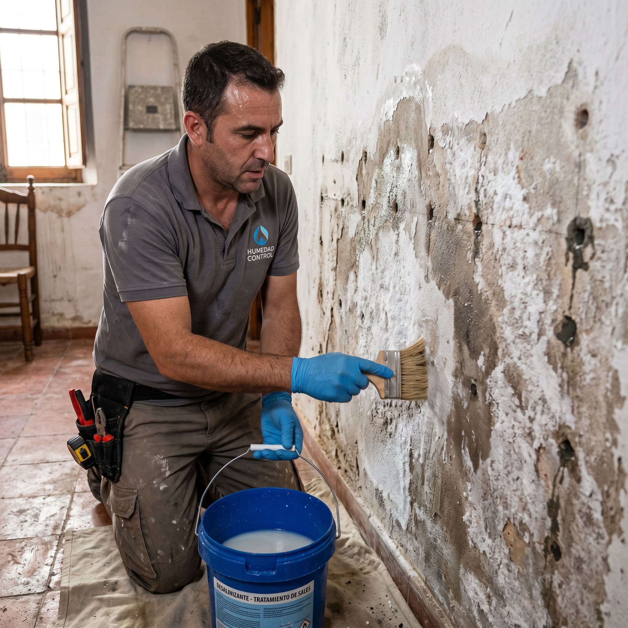 Aplicación de tratamiento desalinizante en muro tras inyección de resina