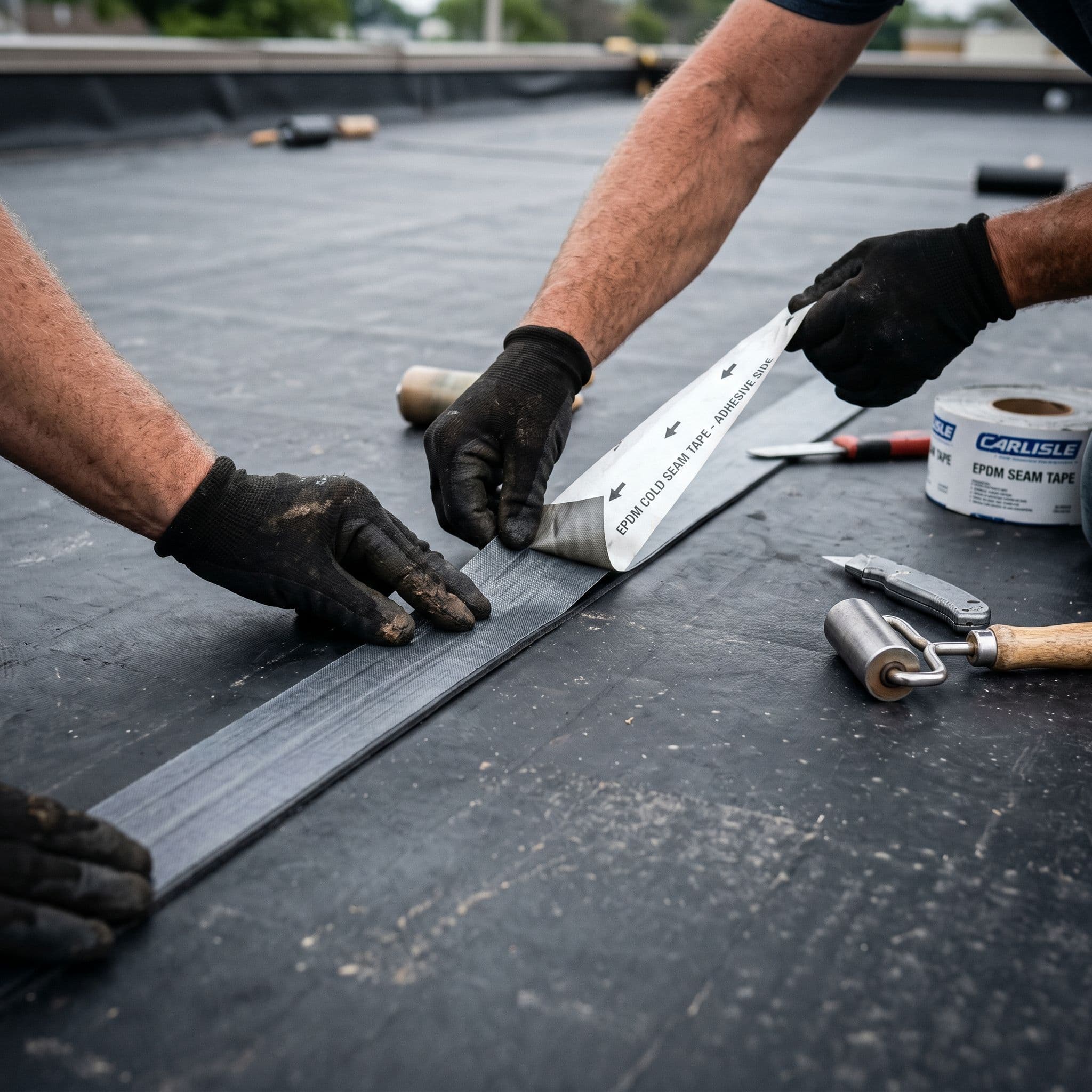 Unión en frío de dos láminas EPDM con cinta autoadhesiva específica sin soplete mostrando la ejecución precisa del solape