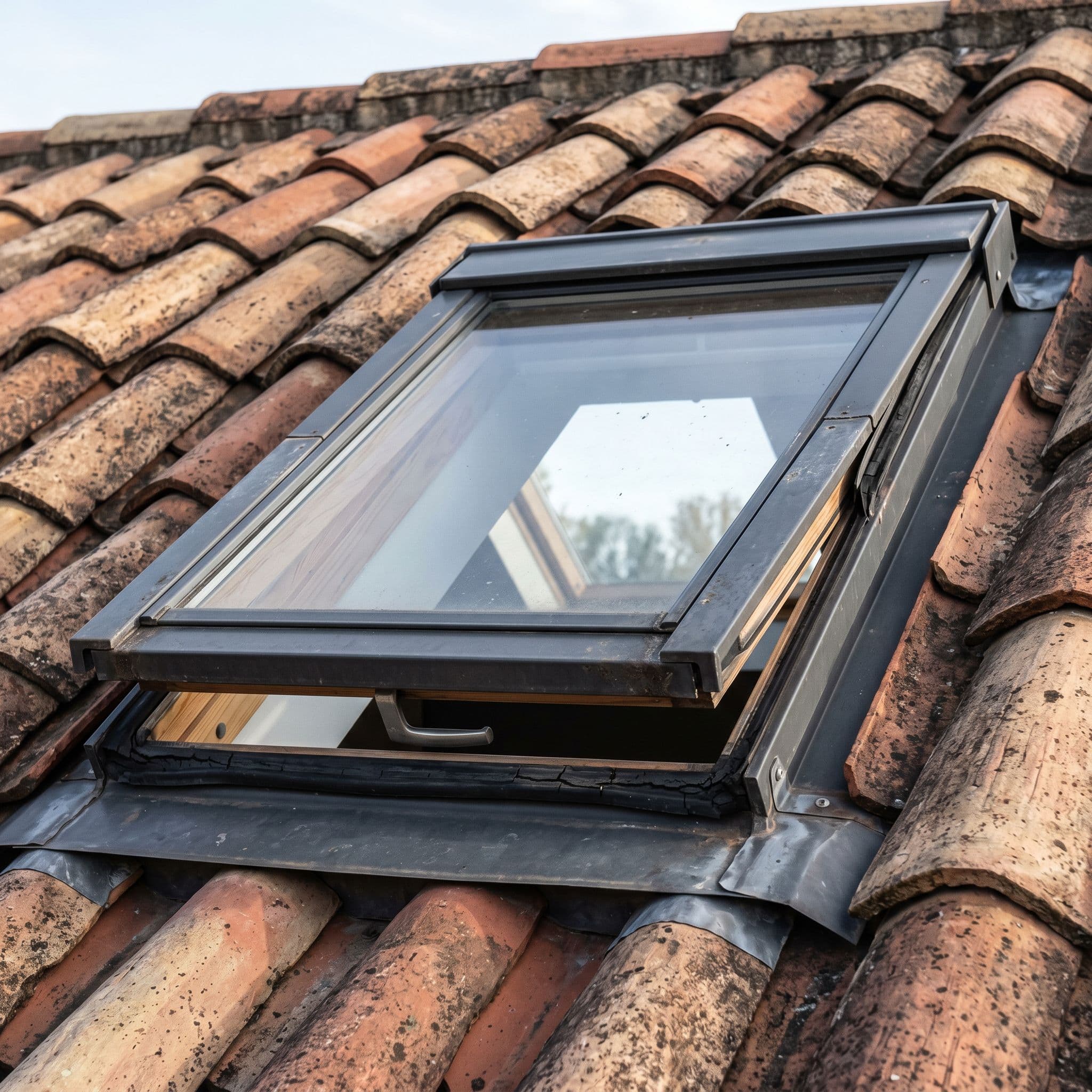 Ventana de tejado tipo Velux con goma perimetral deteriorada y cuarteada, origen de filtración