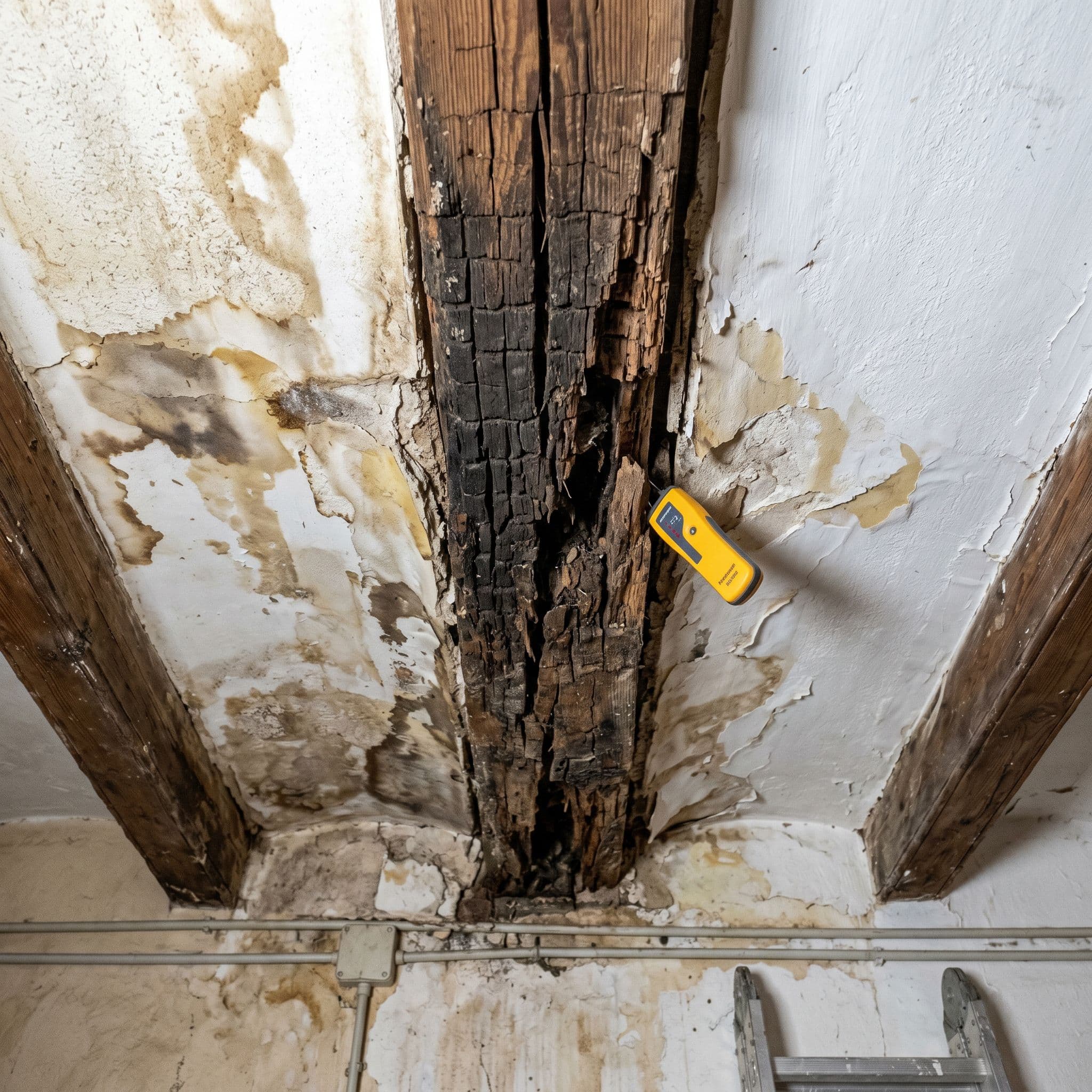 Vigueta de madera con pudrición parda cúbica avanzada y deformación visible del techo asociado