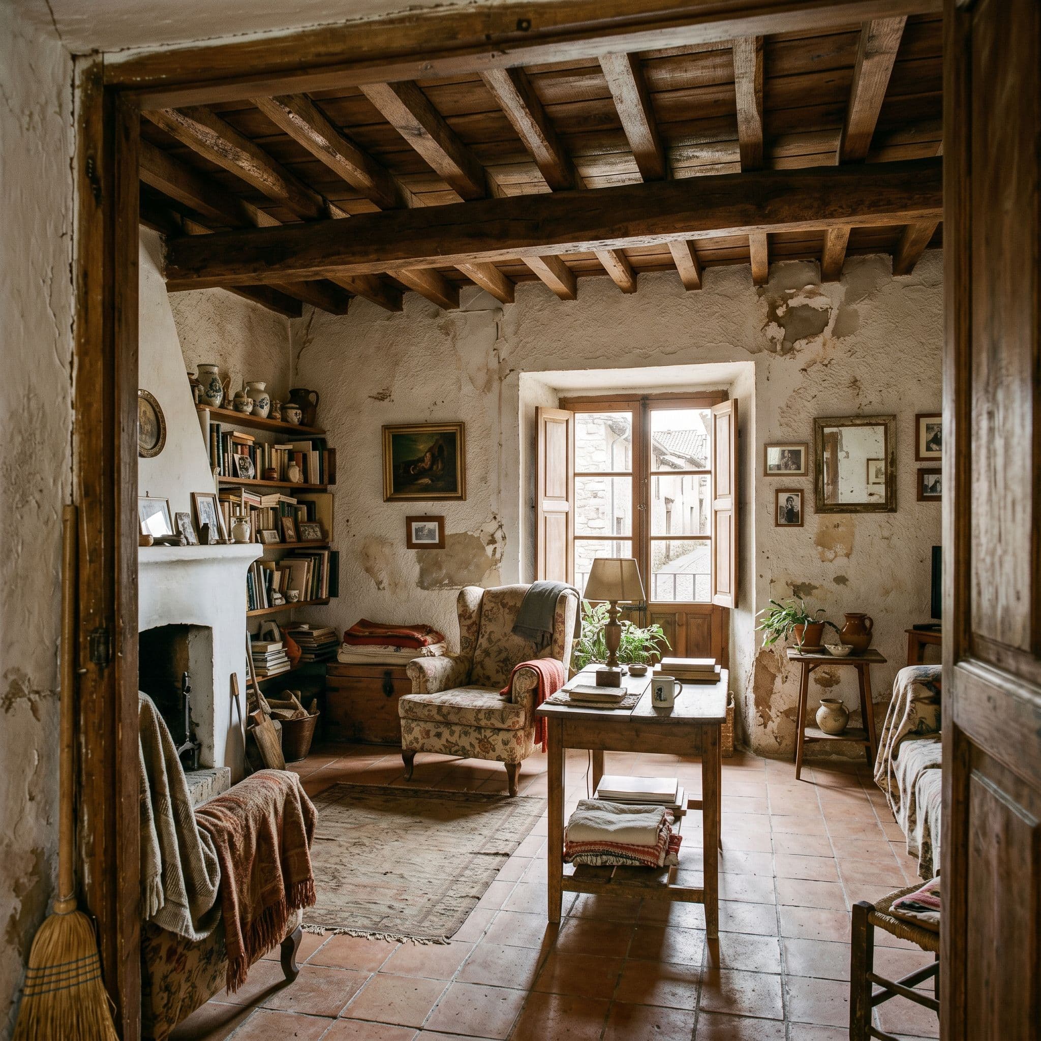 Vivienda antigua española elementos originales vigas madera suelo cerámico tradicional