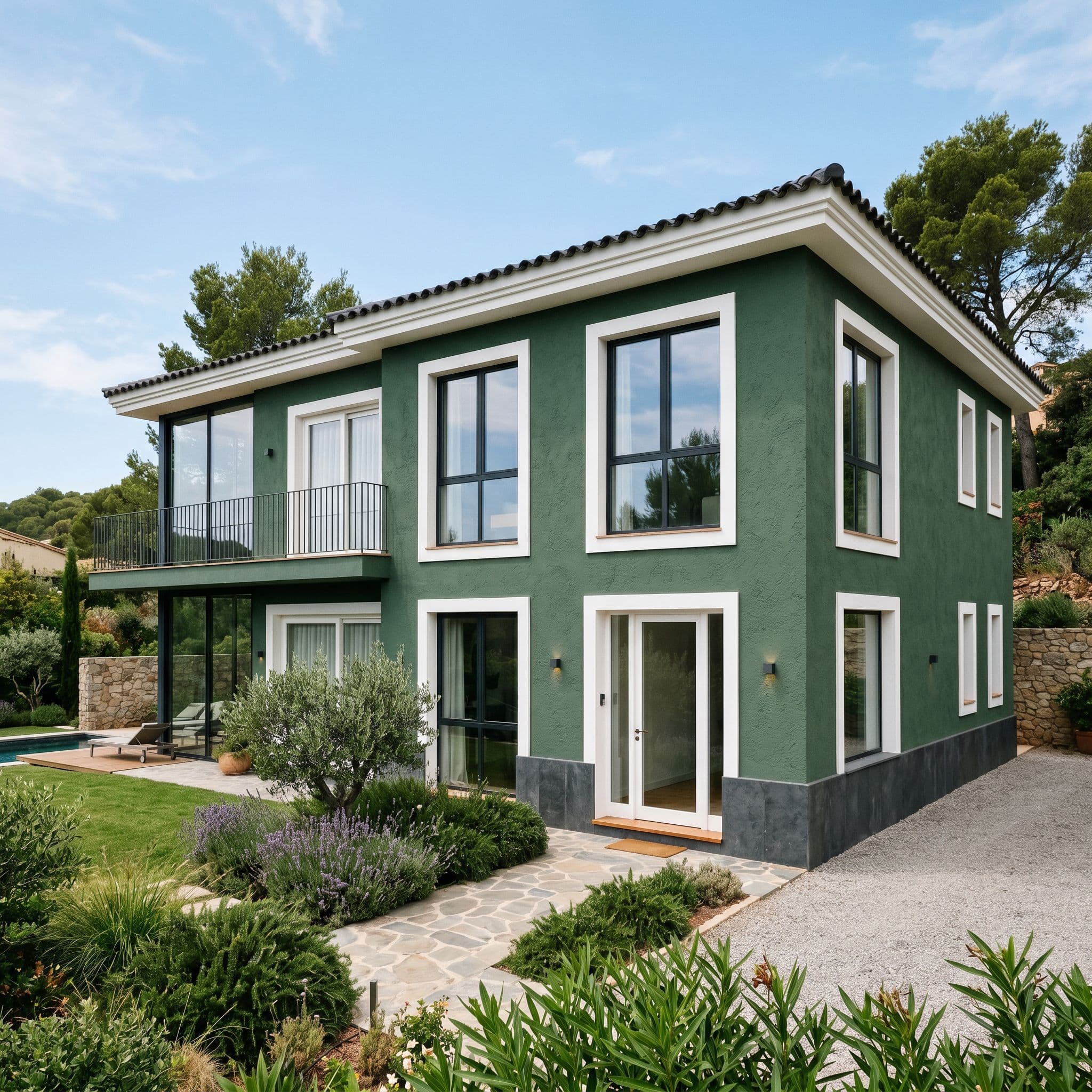 Vivienda premium española fachada audaz verde botella oscuro