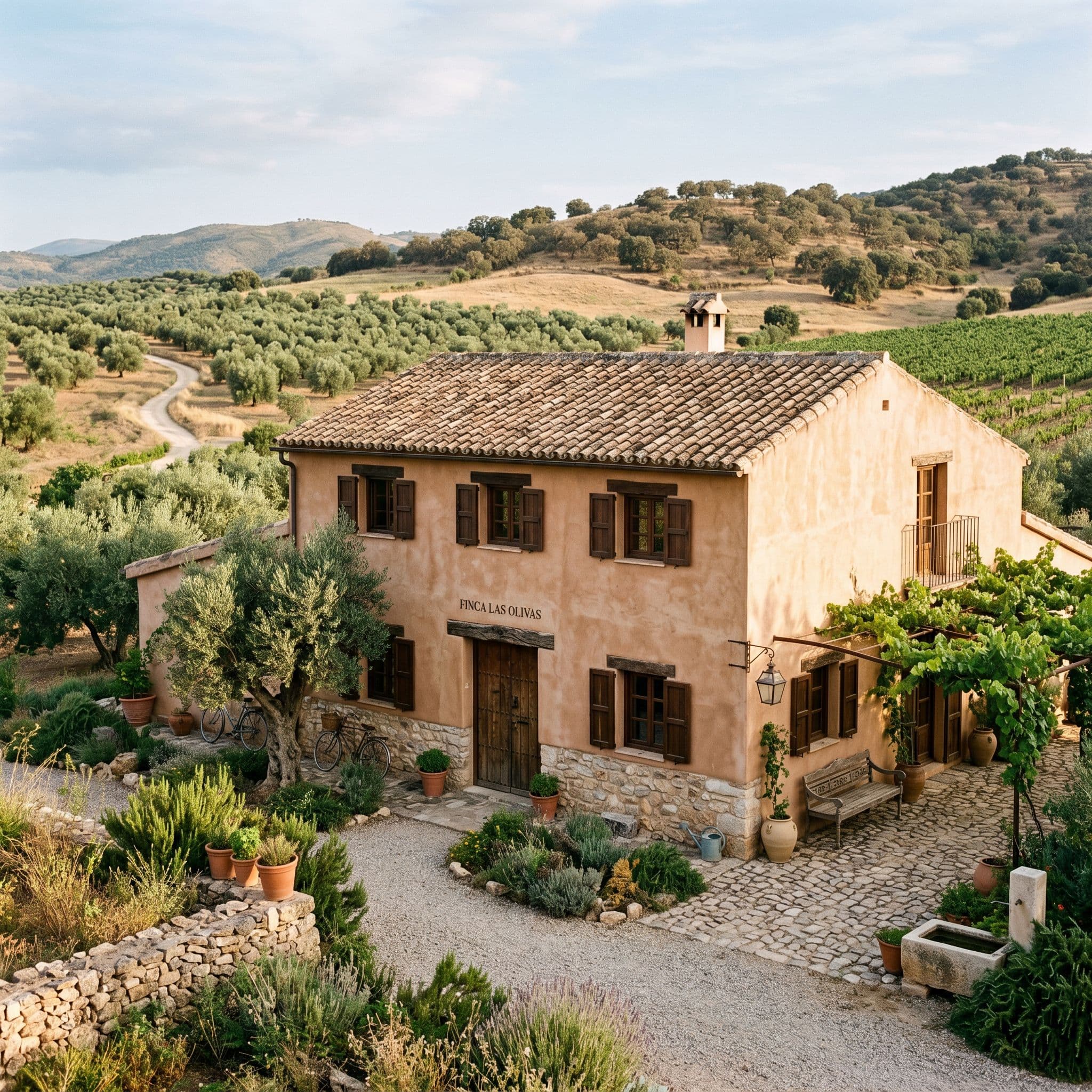 Vivienda rural española restaurada paleta tierra fachada terracota suave