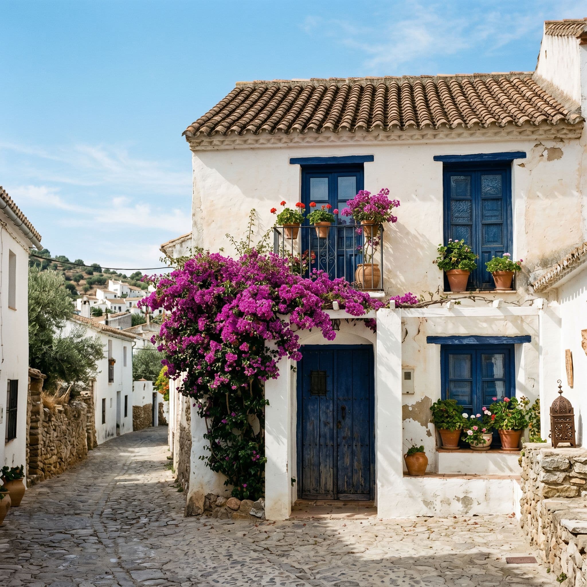 Vivienda tradicional mediterránea española fachada blanco cálido