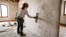 Profesional alisando una pared interior de vivienda con llana, con la mitad ya lisa frente a la zona con textura original