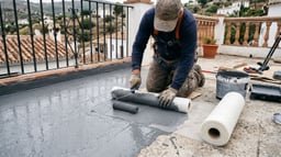 Aplicación de caucho líquido con malla de fibra de vidrio embebida entre capas sobre la superficie de una terraza