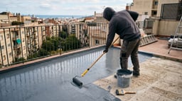 Aplicación profesional de pintura impermeabilizante elastomérica con rodillo sobre el suelo preparado de una terraza residencial