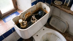 Cisterna de inodoro abierta mostrando el mecanismo interno y un hilo de agua que cae continuamente a la taza