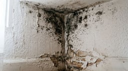 Esquina interior con moho negro y gotas de condensación en la pared fría de una vivienda española