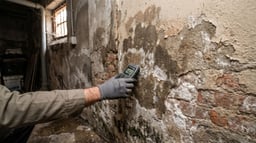 uro de un sótano residencial con manchas de humedad, eflorescencias salinas y pintura desconchada mientras un técnico mide la humedad con un medidor digital.
