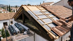 Tejado inclinado en renovación que muestra sus capas — teja cerámica, rastreles y lámina impermeabilizante bajo teja — junto a rollos y placas de distintos sistemas de impermeabilización.