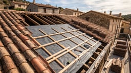 Tejado inclinado de teja cerámica con una zona levantada que muestra la lámina impermeabilizante bajo teja recién instalada sobre el soporte. 