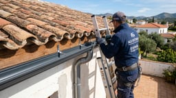Instalación de un canalón de aluminio nuevo en el alero del tejado de una vivienda unifamiliar con sus soportes y bajante