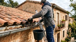 Limpieza de un canalón retirando hojas y sedimentos acumulados en el alero del tejado de una vivienda