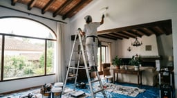 Pintor profesional sobre escalera estable aplicando pintura techo alto salón doble altura vivienda unifamiliar española repintado integral