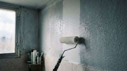 Aplicación de pintura anticondensación con rodillo sobre una pared fría con condensación