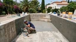 Piscina de hormigón vaciada durante la impermeabilización del vaso con mortero flexible aplicado a llana antes del gresite