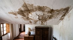 Techo interior con mancha de humedad oscura y pintura abombada por filtración desde la planta superior