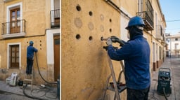 Técnico insuflando material aislante en la cámara de aire de una fachada a través de pequeñas perforaciones