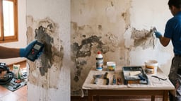 Tratamiento antihumedad profesional aplicándose en pared interior de vivienda con productos y herramientas de diagnóstico