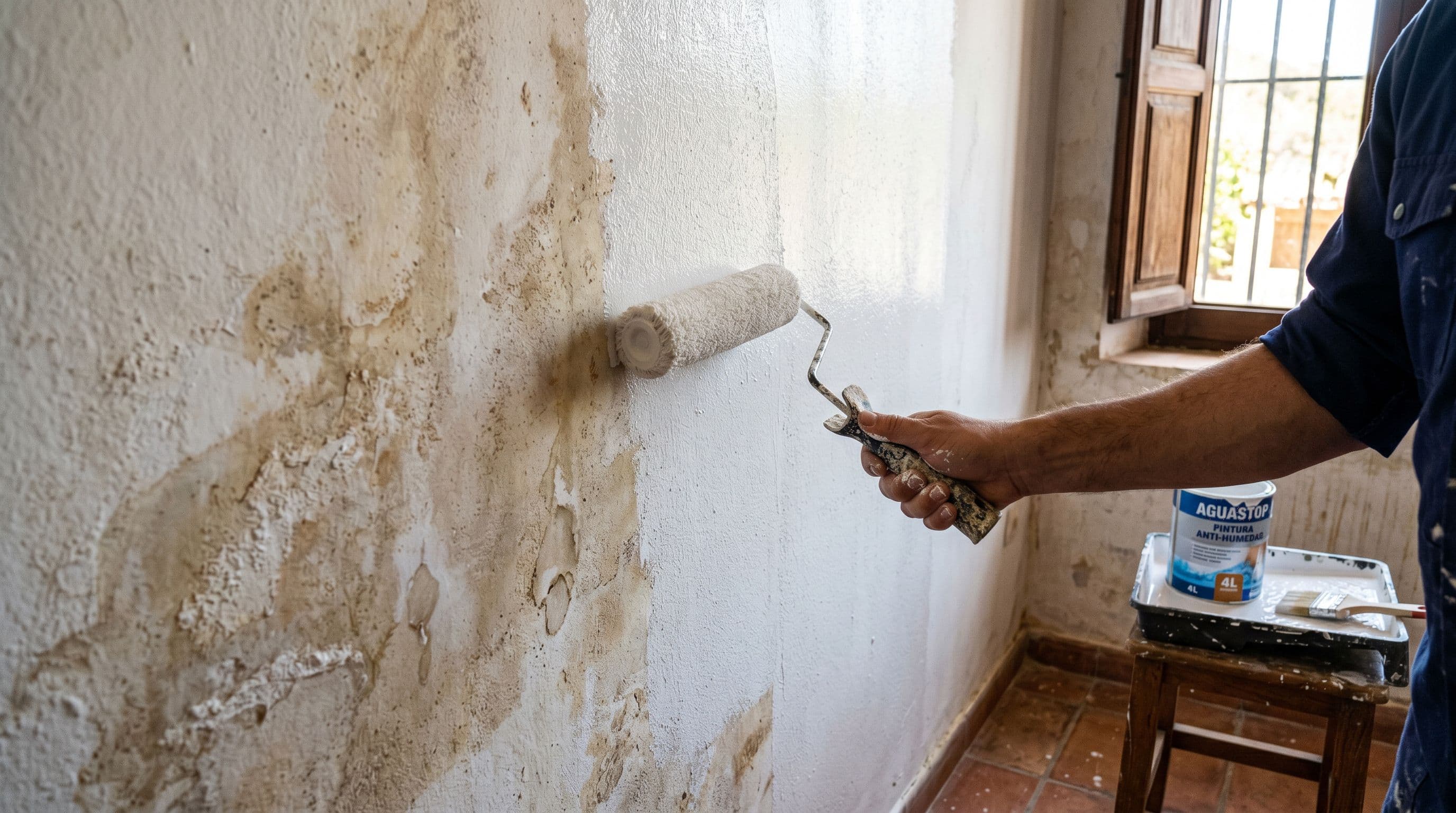 Aplicación de pintura antihumedad blanca con rodillo sobre pared interior con manchas previas