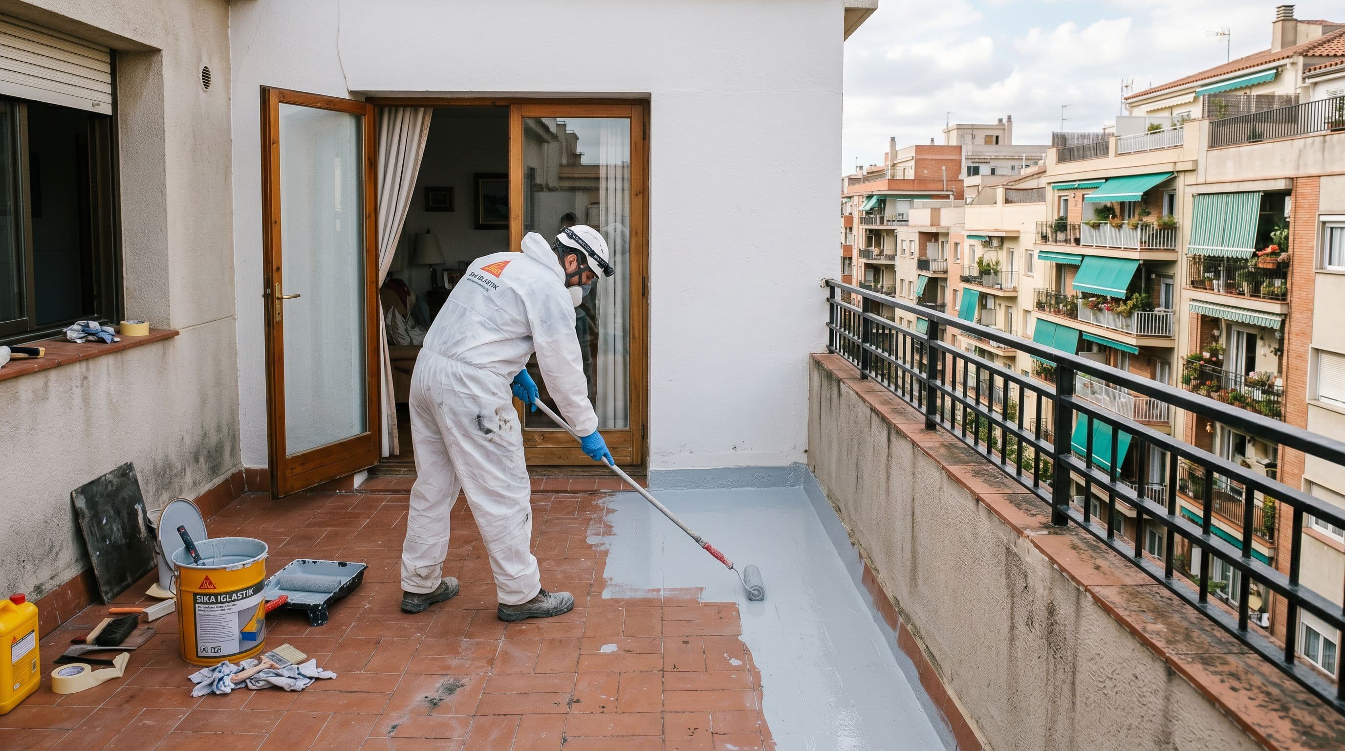 Aplicación profesional de membrana líquida de poliuretano en terraza residencial privada de vivienda