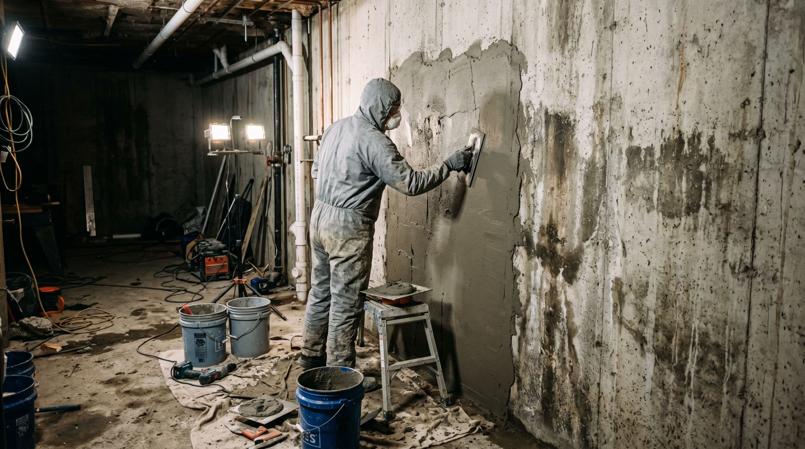 Aplicación profesional de mortero osmótico en muro enterrado de sótano para impermeabilización por la cara interior