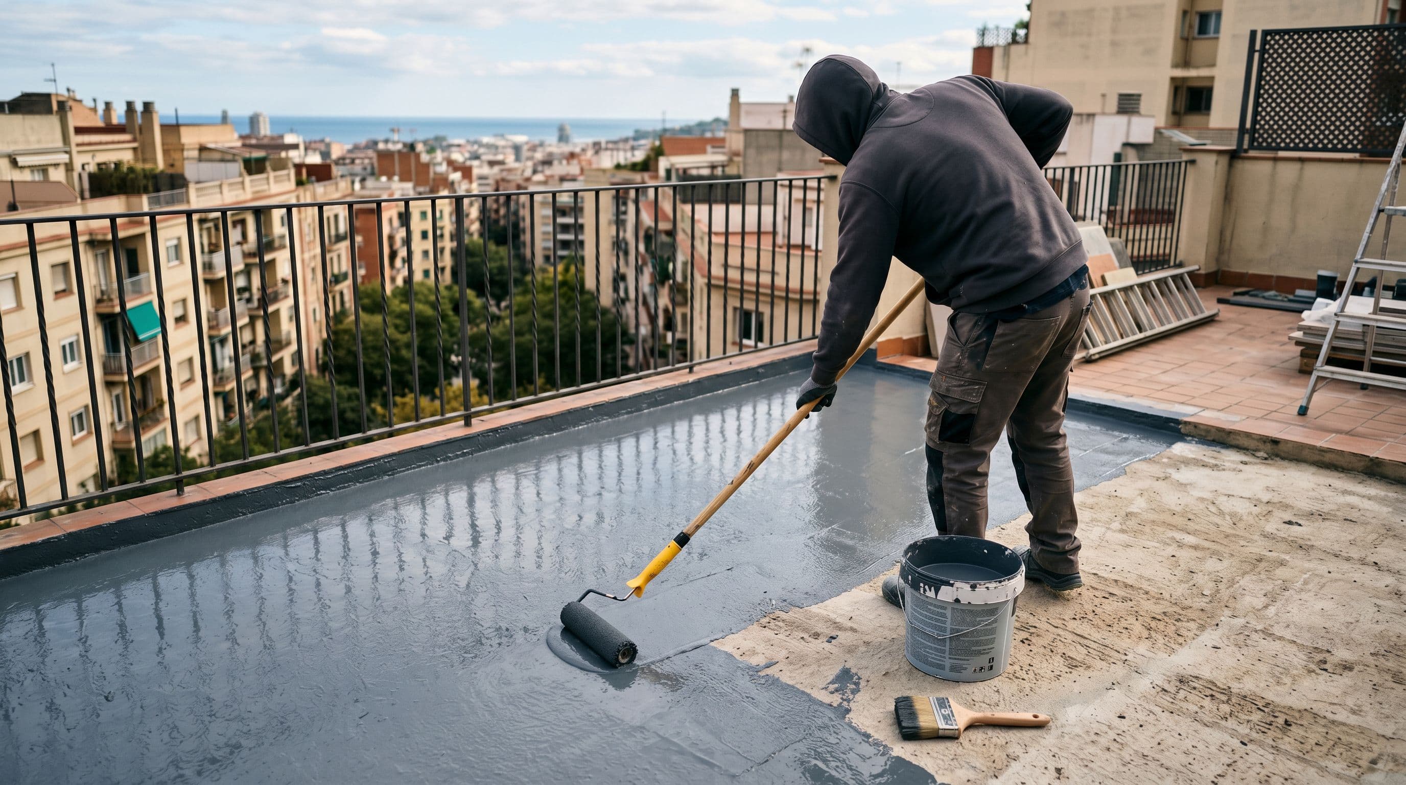 Aplicación profesional de pintura impermeabilizante elastomérica con rodillo sobre el suelo preparado de una terraza residencial